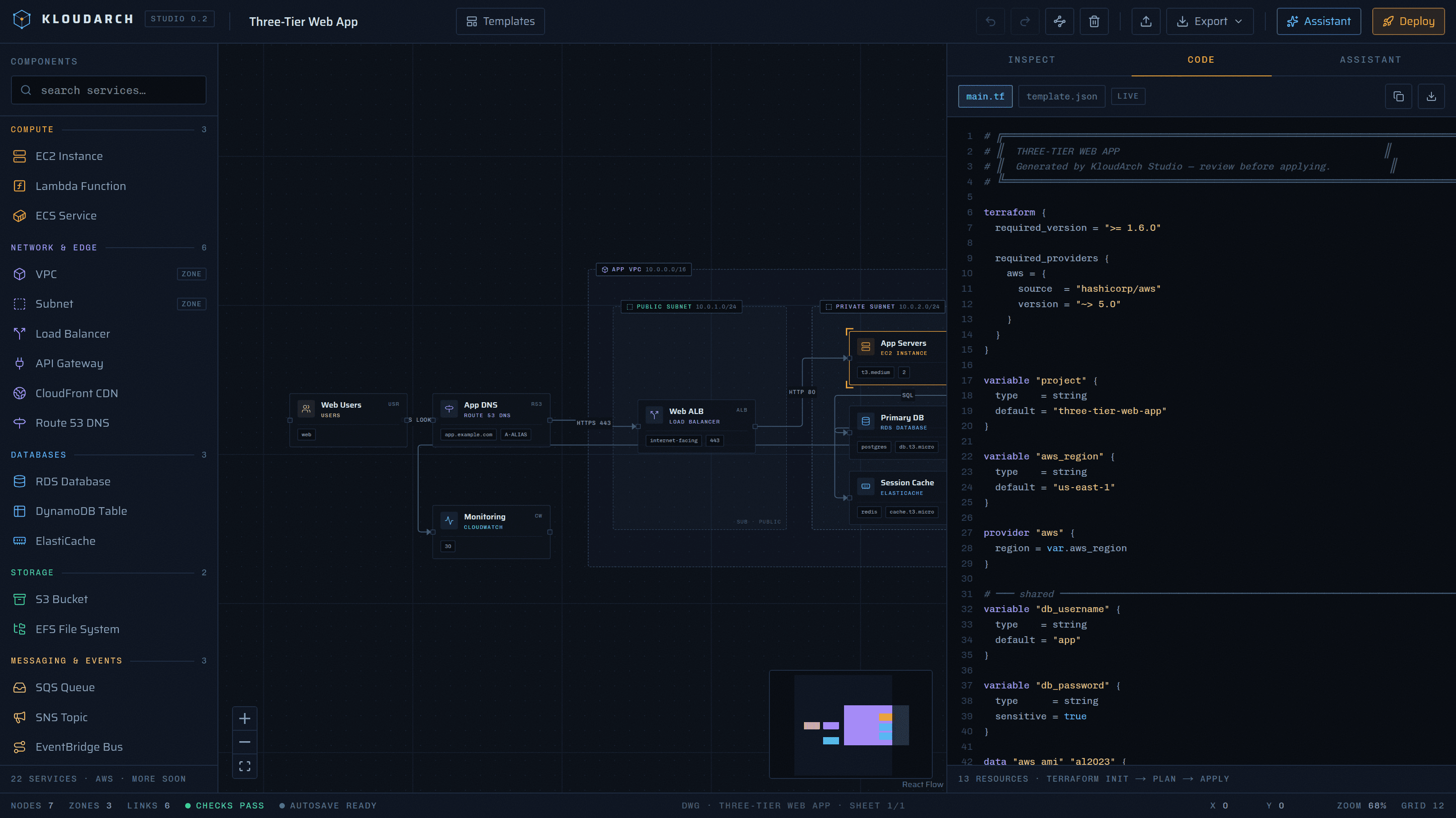 The KloudArch studio: a three-tier web app drafted on the blueprint canvas with live Terraform alongside